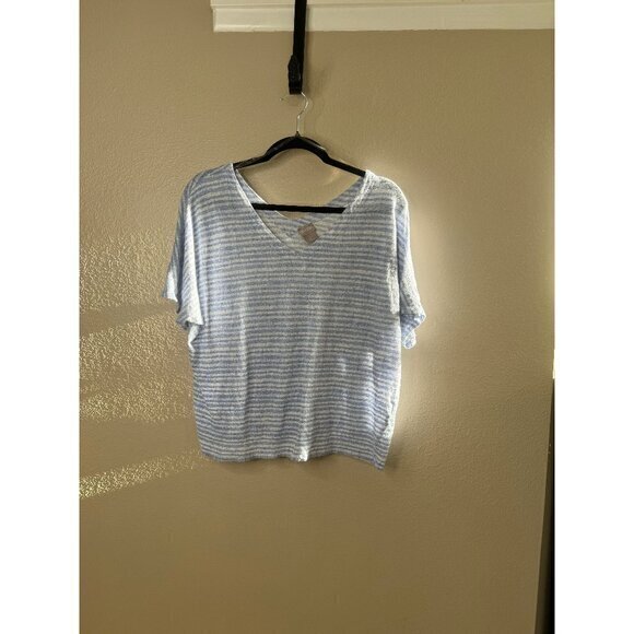 Chico's Women's Blue Striped Blouse size 3 X-Large short sleeve linen round neck - Picture 1 of 6
